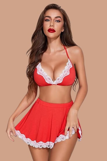 Romantic French Maid Costume – Red Lingerie Set with Lace Trim