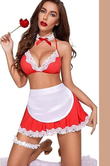 Romantic French Maid Costume – Red Lingerie Set with Lace Trim