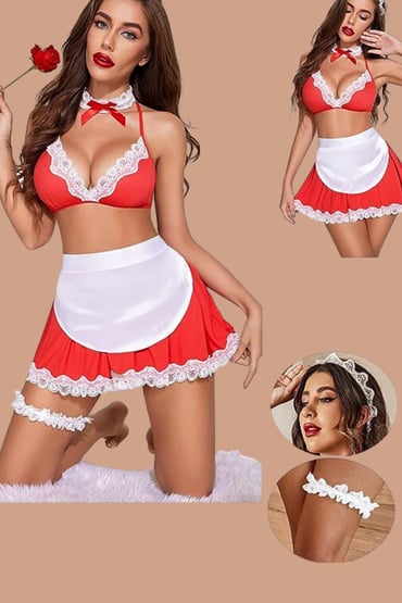 Romantic French Maid Costume – Red Lingerie Set with Lace Trim