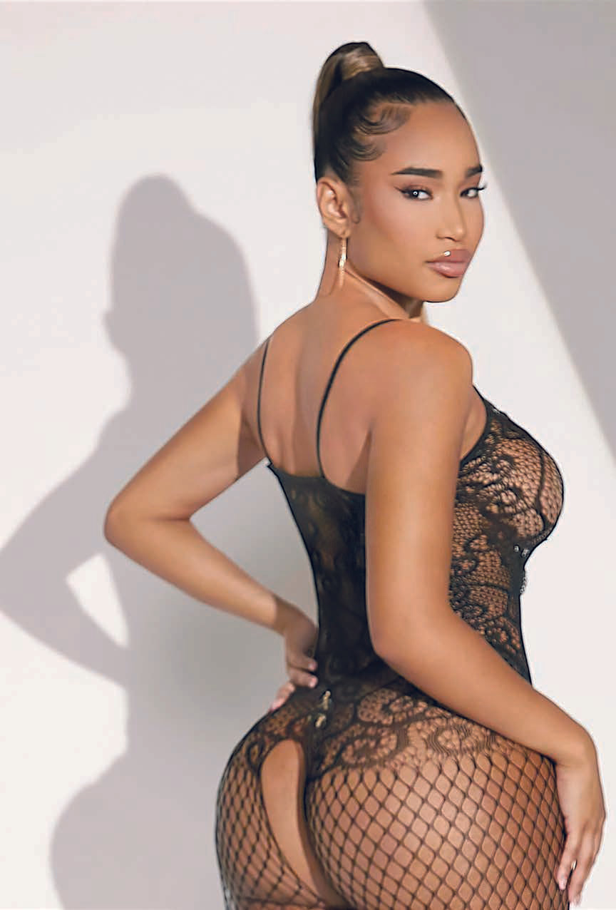 Black Lace & Fishnet Bodystocking with Bow Detail  JASMORA